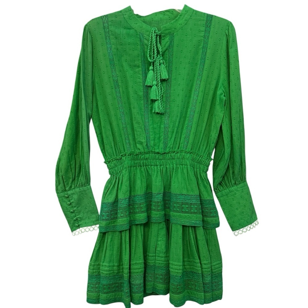 Maia Bergman Green Cotton Boho Dress Small Tassel Tie Waist Festival
